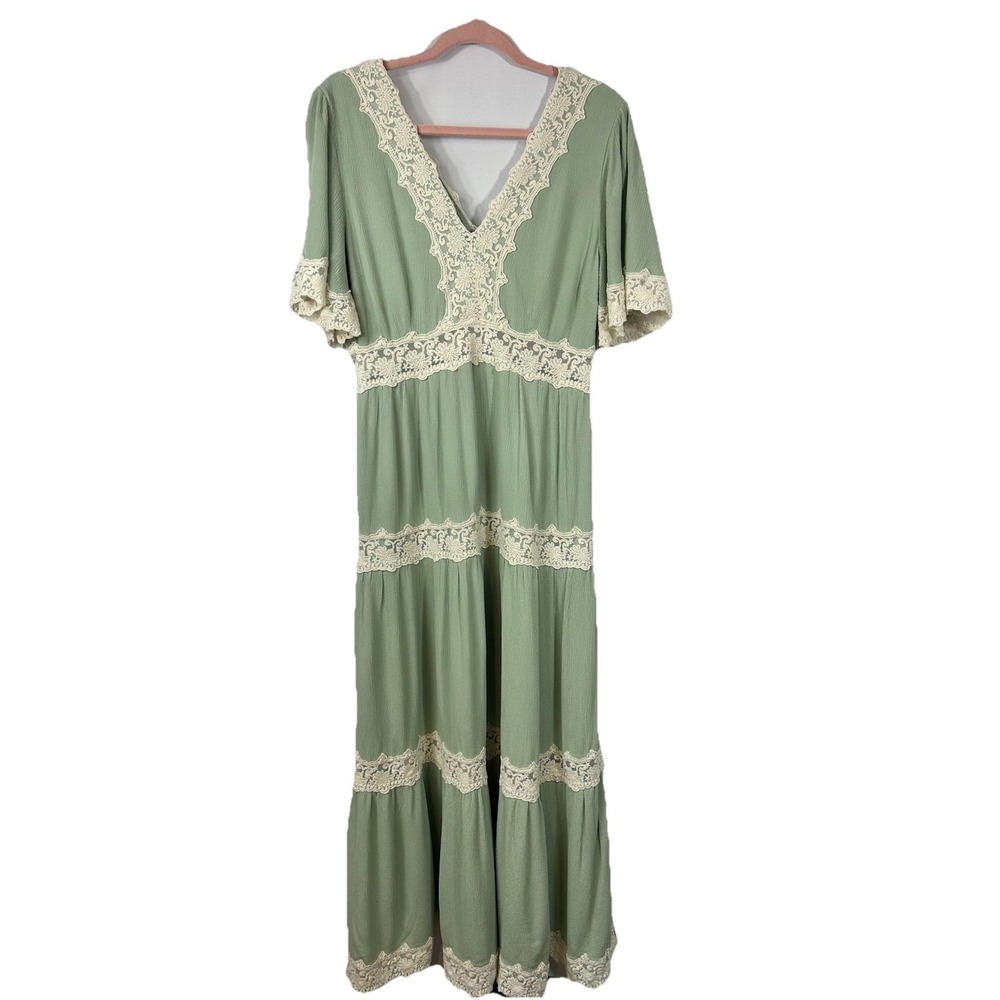 Wishlist Sage Green Lace Boho Maxi Dress L Cottagecore Tiered V-Neck Fairy